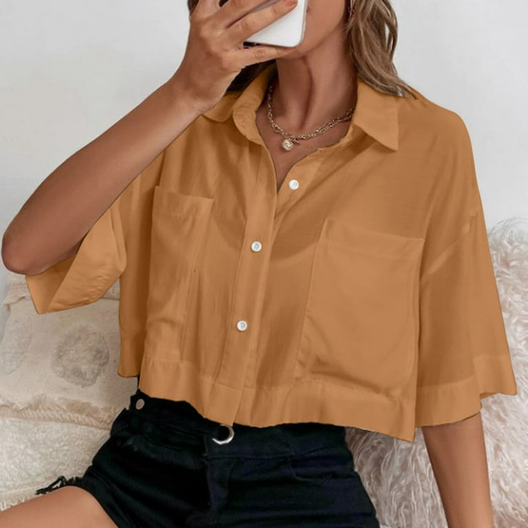 Women Cotton Linen Blouse Summer Solid Color Short Sleeve Lapel Neck Button  Up Shirt Casual Tops With Pocket