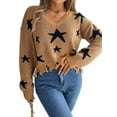 thumbnail image 1 of V Neck Star Pattern Distressed Detail Cropped Sweater for Women Brown Small, 1 of 5
