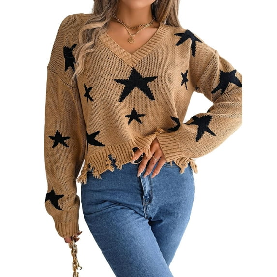 V Neck Star Pattern Distressed Detail Cropped Sweater for Women Brown Small