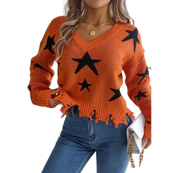 V Neck Star Pattern Distressed Detail Cropped Sweater for Women Orange Small