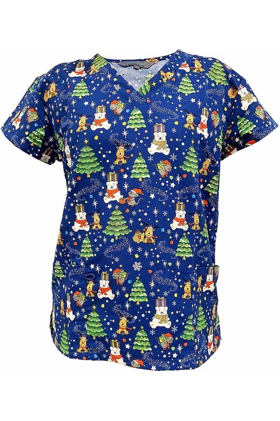 V-Neck Stretch Microfiber Christmas Scrub Top, Bear Hugs Christmas Present, M