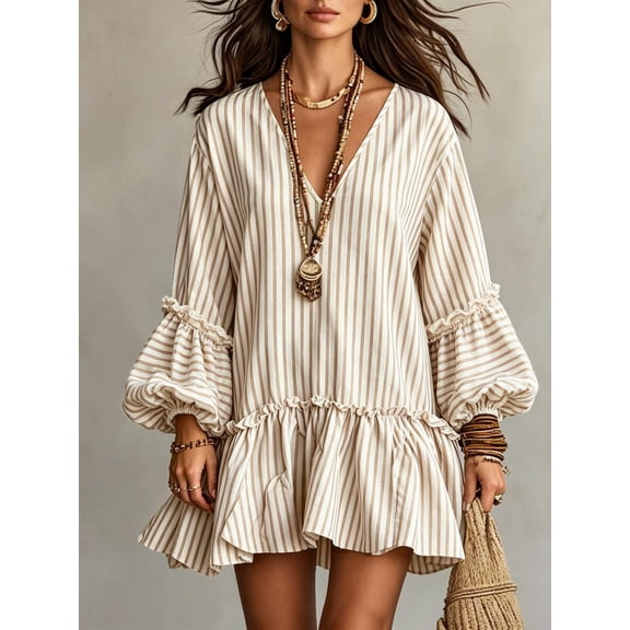 V Neck Striped Mini Dress for Women Bubble Ruffle Long Sleeve Loose Fit Babydoll Dress for Bohemian Vacation and Casual Outings