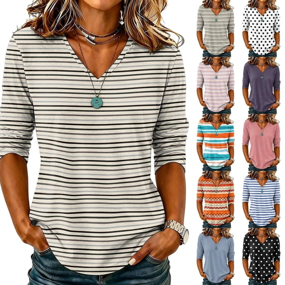 V-Neck Striped Tunic Top for Women, Long Sleeve Loose Fit Pullover Shirt - Soft Casual Fall Basic Tee Saffron XXXL