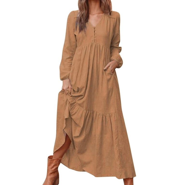 V Neck Summer Dress Cotton House Dresses Autumn Womens Button Cotton Retro  Casual Long Sleeve Dress Dress for Women Party Night Girls Fall Maxi Dress  - Walmart.com