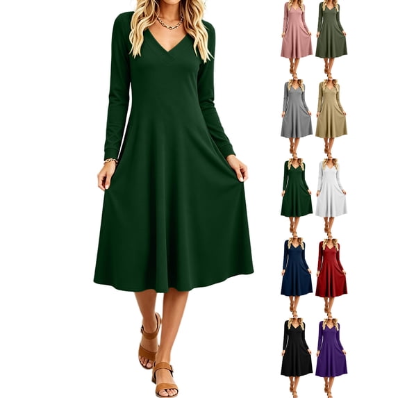 V Neck Summer Dresses for Women,Midi Long Sleeve Solid Color Basic ...