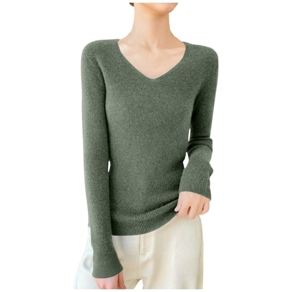 V Neck Sweater For Women Stretch Casual Comfy Slim Fit Base Pullover Tops Long Sleeve Knitted Tunic Blouse (L, Army Green)