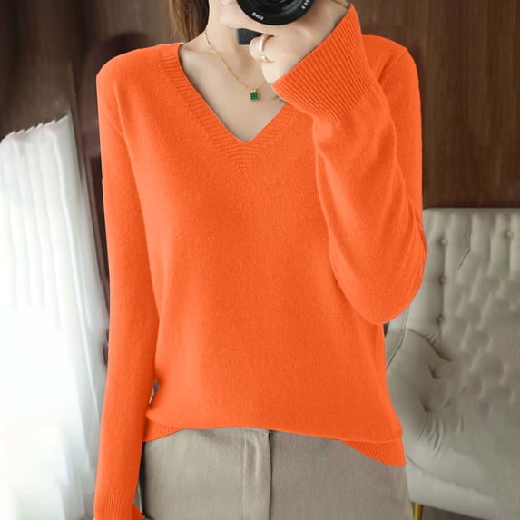 V Neck Sweater Pullover Sweater Fall Fashion Must Haves Plus Size Thick Sweaters Fitted Sweater Top Fall Outfits Office Cotton Sweaters Travel Outfits Women's V-Neck Sweaters Orange S