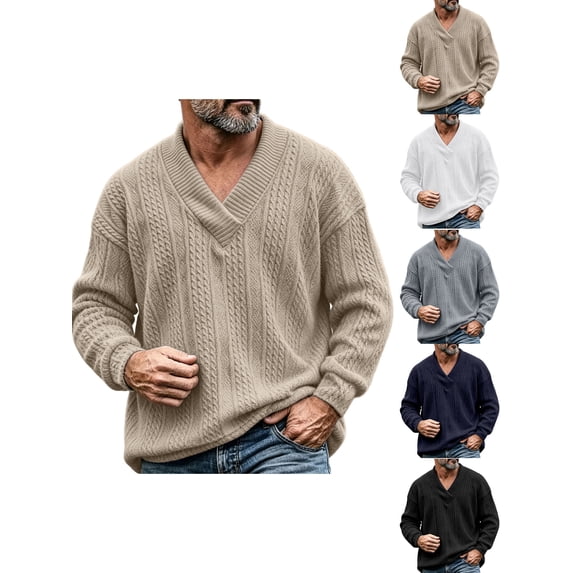 V Neck Sweater Zaewscy Men's V‑Neck Cable Knit Sweater Long Sleeve Loose Casual Pullover Jumper Khaki S