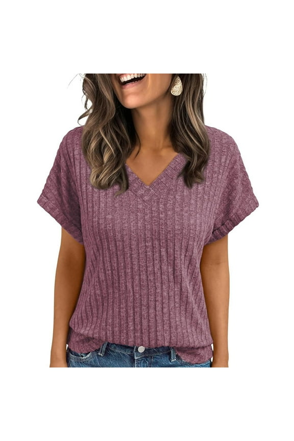 V Neck Sweater for Women Wrap Ribbed Short Sleeve Blouse Sexy Shirts 2026 Spring Lightweight Solid Color Clothing,Dark Purple S
