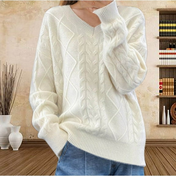 V Neck Sweaters for Women Chunky Cable Knit Jumper Pullover Solid Color Tops Casual Long Sleeve Warm Loose Blouses 2025 Fall Winter Trendy Sweatshirts