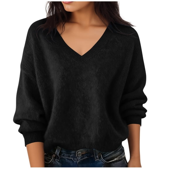 V-Neck Sweaters for Women Black Loose Fit Casual V-Neck Pullover Peasant Blouse