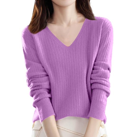 V Neck Sweaters for Women Dressy Soft Long Sleeve Ribbed Knitted Sweater Lightweight Loose Fit Casual Tunic Tops Light Purple S