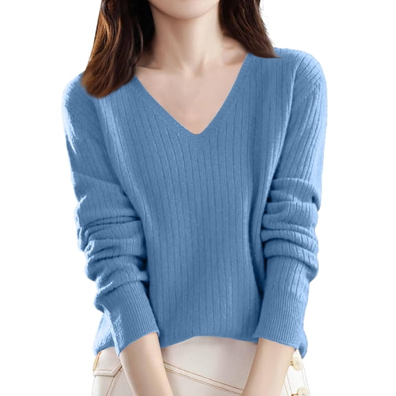 V Neck Sweaters for Women Dressy Soft Long Sleeve Ribbed Knitted Sweater Lightweight Loose Fit Casual Tunic Tops Sky Blue M