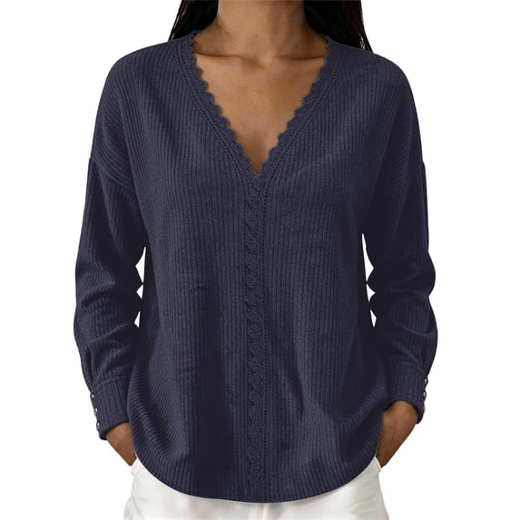 V Neck Sweaters for Women Lace Long Sleeve Loose Pullover Top Casual Fashion Fall Winter Knitted Sweater