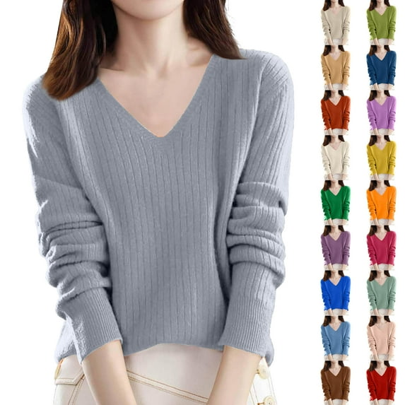 V Neck Sweaters for Women Long Sleeve Lightweight Pullover, Dressy Casual Knit Shirt Purple L