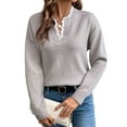 thumbnail image 1 of V Neck Sweaters for Women Ribbed Knit Sweater Pullover Tops with Lace Ruffle Trim Dark Gray XL, 1 of 4
