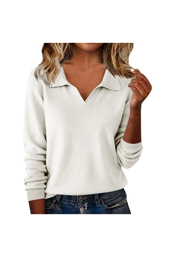 V Neck Sweaters for Women Spring Casual Long Sleeve Shirts Solid Color Work Blouses Knit Pullover Sweater Tops