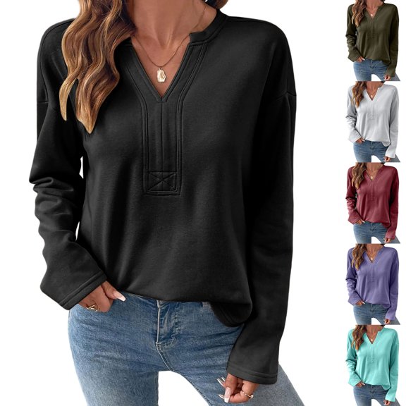V-Neck Sweatshirt Women Casual Soft Fleece Pullover Tops Fall Sweatshirts Solid Color Long Sleeve Winter Shirt