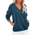 thumbnail image 1 of V-Neck Sweatshirt Women Fleece Pullover with Side Pockets Lightweight Casual Loose Solid Color Long Sleeve Fall Sweatshirt No Hood Navy S, 1 of 6
