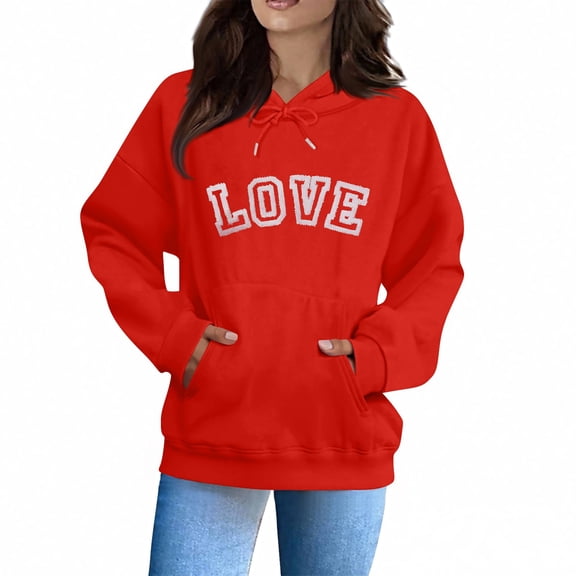 Valentine Hoodies for Women Love Heart Long Sleeve Valentine's Day Pullover Hooded Oversized Warm Clothes Pink M