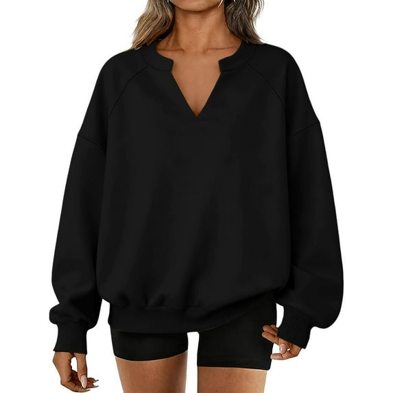 V Neck Sweatshirt Women, Yigetop Womens Oversized Solid Color Sweatshirts Pullover Women's Cute Loose Fit Casual Pullover Tops Womens Sweatshirts No Hood, Black, XL