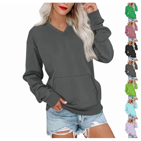V Neck Sweatshirt Women with Pocket Fleece Long Sleeve Oversized Sweatshirt Fall Y2k Comfort Hoodies Pullover Sweaters Dark Gray L