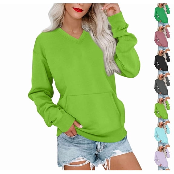 V Neck Sweatshirt Women with Pocket Fleece Long Sleeve Oversized Sweatshirt Fall Y2k Comfort Hoodies Pullover Sweaters Green S