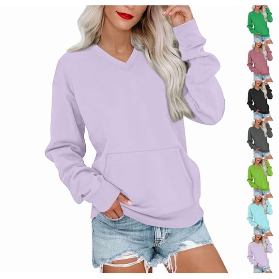 V Neck Sweatshirt Women with Pocket Fleece Long Sleeve Oversized Sweatshirt Fall Y2k Comfort Hoodies Pullover Sweaters Purple Pink M