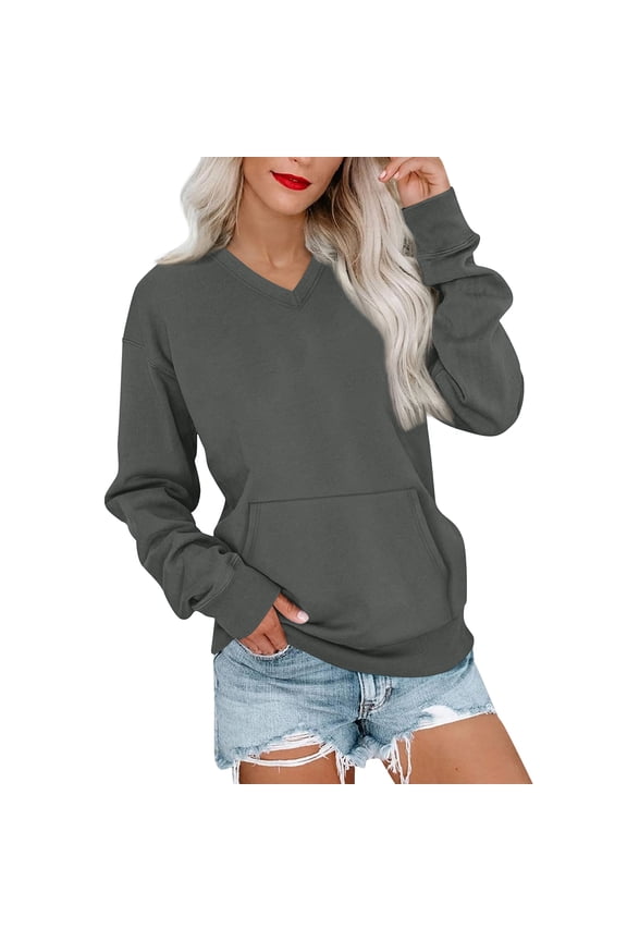 V Neck Sweatshirt Women with Pockets Casual Plain Comfort Hoodless Hoodies Cozy Fleece Pullover Sweatshirts No Hood Dark Gray XXL