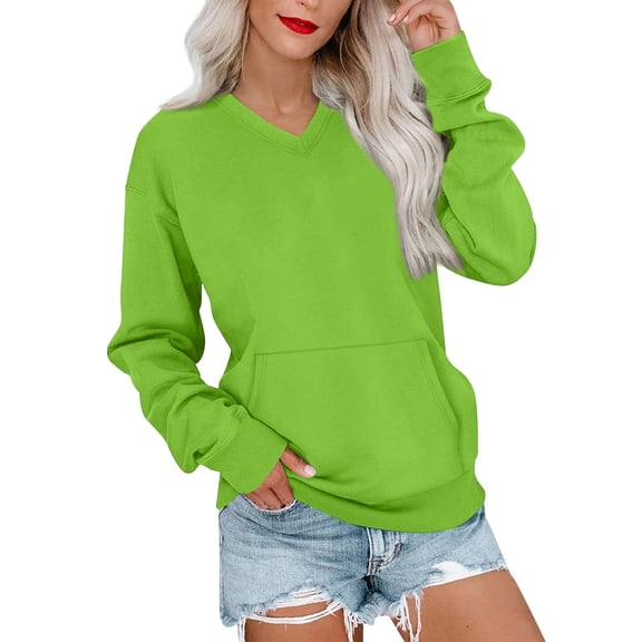 V Neck Sweatshirt Women with Pockets Casual Plain Comfort Hoodless Hoodies Cozy Fleece Pullover Sweatshirts No Hood Green XXL