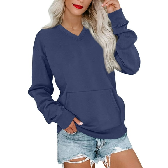 V Neck Sweatshirt Women with Pockets Casual Plain Comfort Hoodless Hoodies Cozy Fleece Pullover Sweatshirts No Hood Navy XL