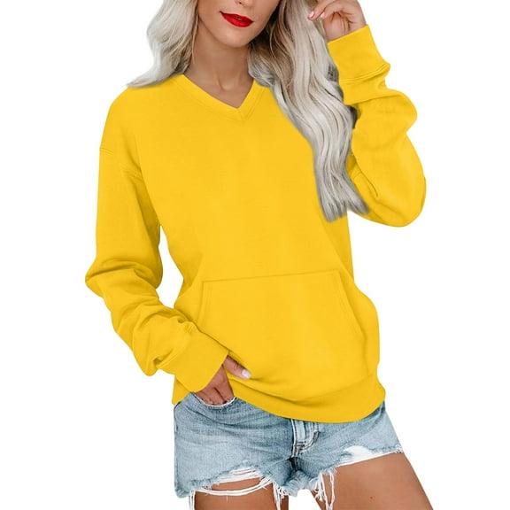 V Neck Sweatshirt Women with Pockets Casual Plain Comfort Hoodless Hoodies Cozy Fleece Pullover Sweatshirts No Hood Yellow XL
