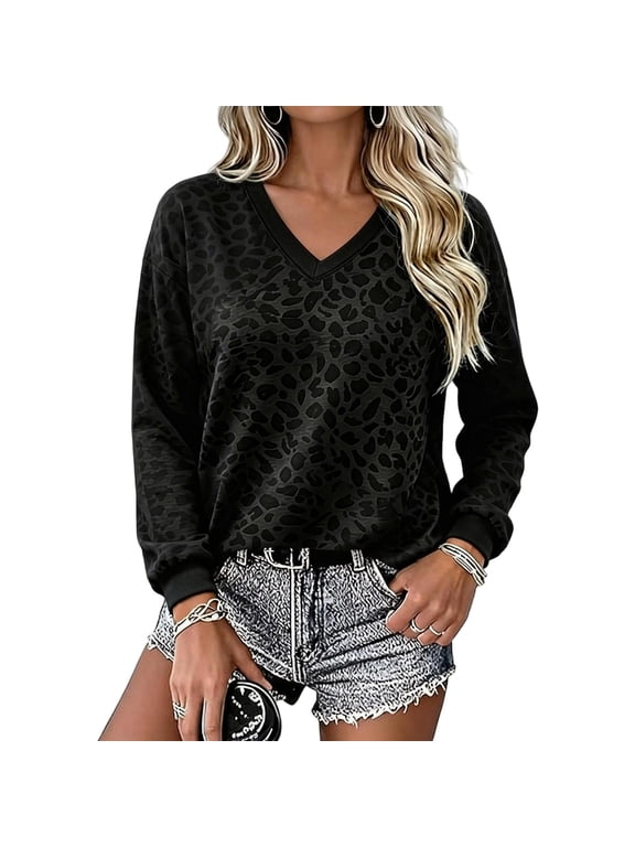 V Neck Sweatshirt for Women Leopard Print Long Sleeve Drop Shoulder Casual Pullover Top for Fall Winter Wear