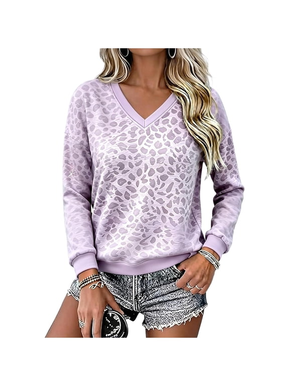 V Neck Sweatshirt for Women Leopard Print Long Sleeve Drop Shoulder Casual Pullover Top for Fall Winter Wear