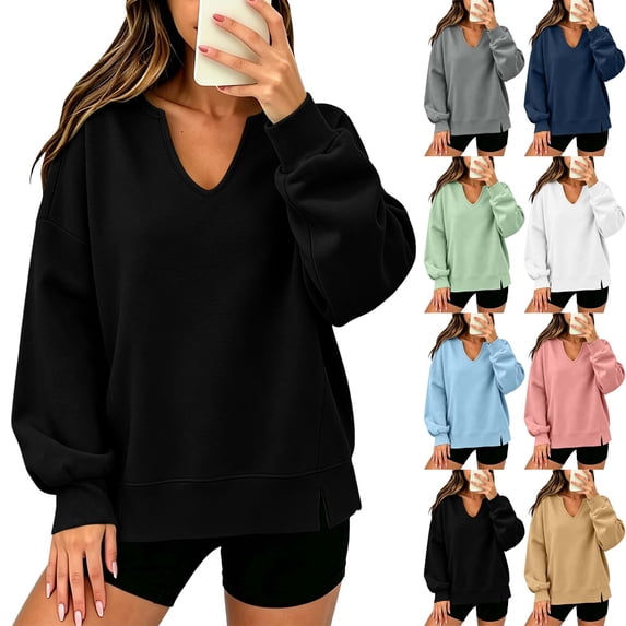 V Neck Sweatshirt for Women Oversized Drop Shoulder Long Sleeve Pullover Top With Side Split Hem Back to School Outfit.