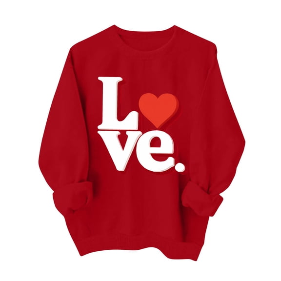 Women's Valentine Shirts Love Heart Crewneck Oversized Sweatshirts Long Sleeve Spring Casual Blouse Deep Red XL