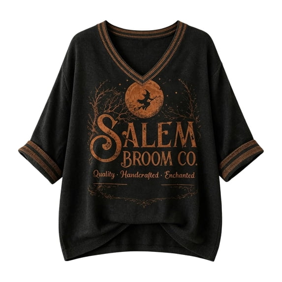 V Neck Sweatshirts for Women 3/4 Sleeve Vintage Witch Broom Graphic Pullover Distressed Casual Fall Halloween Festival Events Top Dark Gray L