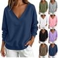 thumbnail image 1 of V Neck Sweatshirts for Women Long Sleeve Loose Drop Shoulder Solid Basic Pullover Tops Casual Lounge Sweatshirts, 1 of 6
