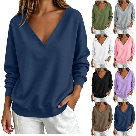 V Neck Sweatshirts for Women Long Sleeve Loose Drop Shoulder Solid Basic Pullover Tops Casual Lounge Sweatshirts