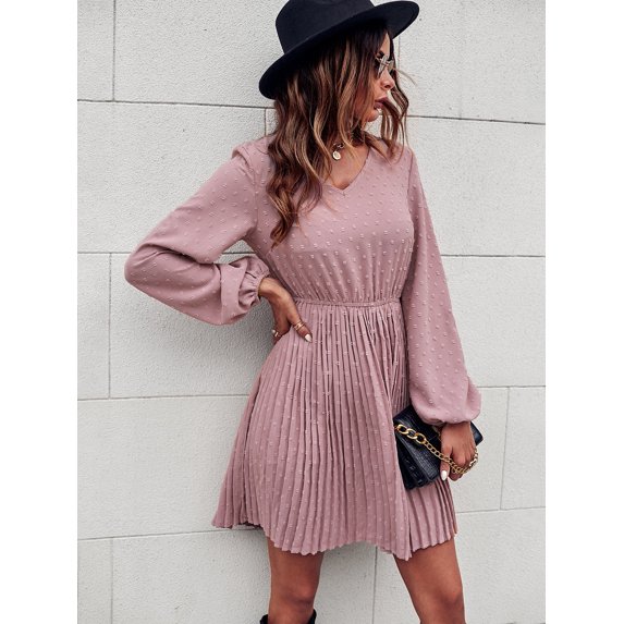 V Neck Swiss Dot Long Sleeve Pleated Dress Above Knee Length