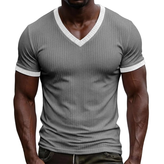 V Neck T-Shirt Men Knitted Ribbed Short Sleeve Casual Athletic Workout Pullover Tops Fathers Gift S-3XL