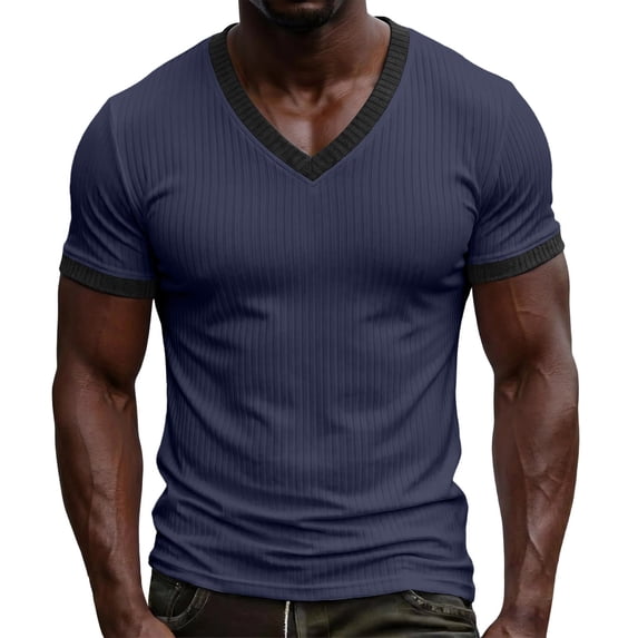 V Neck T-Shirt Men Knitted Ribbed Short Sleeve Casual Athletic Workout Pullover Tops Fathers Gift S-3XL