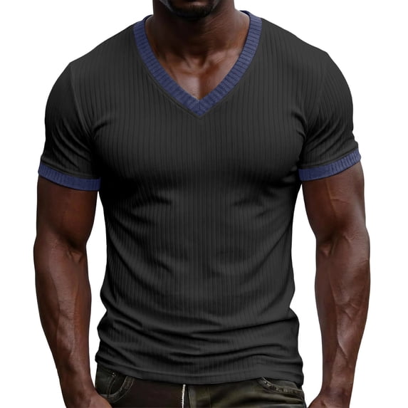 V Neck T-Shirt Men Knitted Ribbed Short Sleeve Casual Athletic Workout Pullover Tops Fathers Gift S-3XL