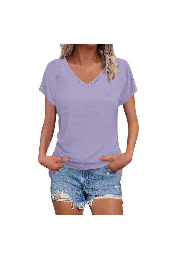 V Neck T-Shirt for Women Loose Cap Sleeve Pullover Tee Summer Side Slit Raglan Blouse for Daily Wear Purple M
