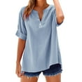 thumbnail image 1 of V-Neck T-Shirt for Women Pluse Size Linen Summer Tops Casual Loose Front Button Short Sleeve Pullover Blouses Tees Shirts New Blue L, 1 of 4