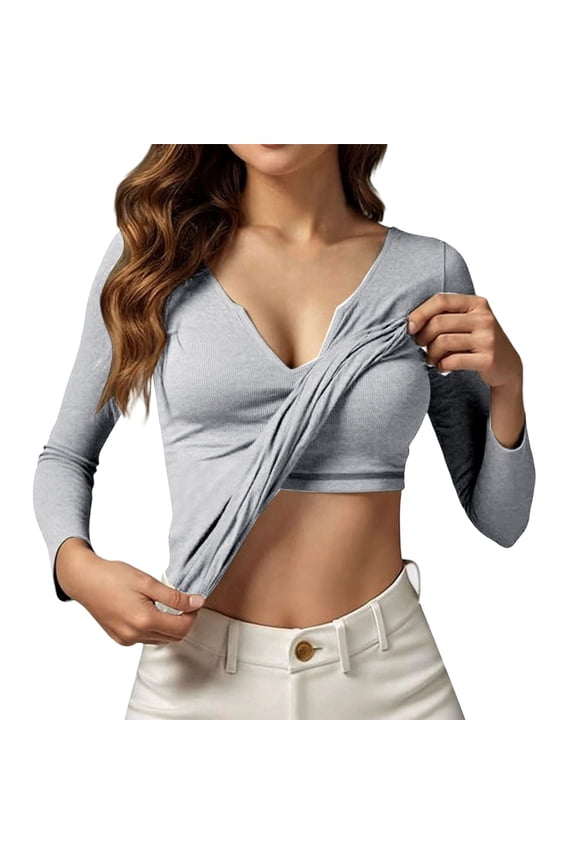 V Neck T Shirts For Women Long Sleeve Solid Colod Classic Elegant Casual T Shirts Lightweight Summer Blouses Pullover Outfits Grey M