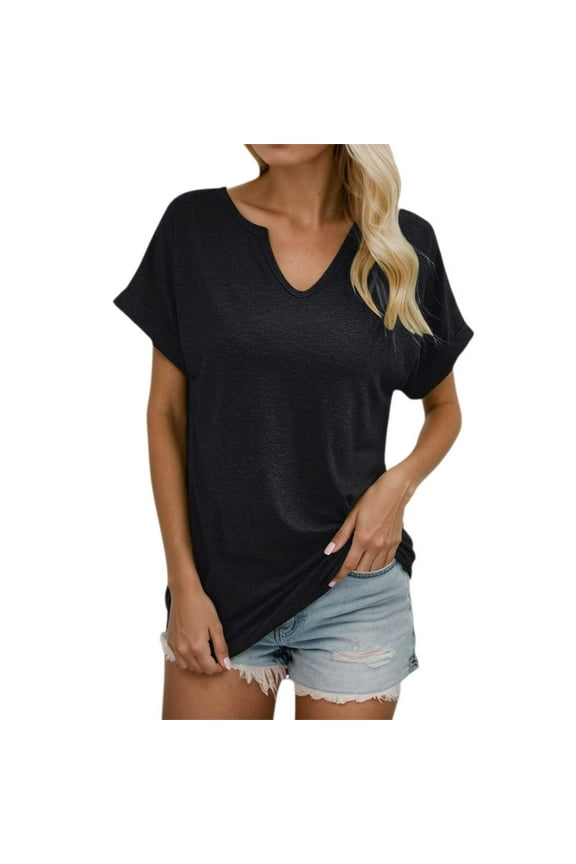 V Neck T Shirts For Women Short Sleeve Solid Colod Trendy Elegant Casual T Shirts Breathable Soft Summer Basic Blouses Vacation Clothes Black S