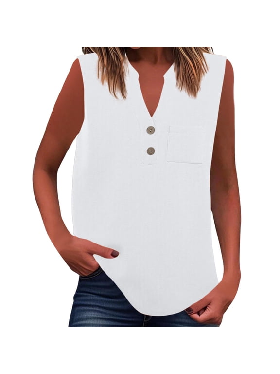 V Neck T Shirts For Women Sleeveless Solid Colod Classic Elegant Casual Button T Shirts Lightweight Summer Basic Blouses Vacation Clothes White XXL
