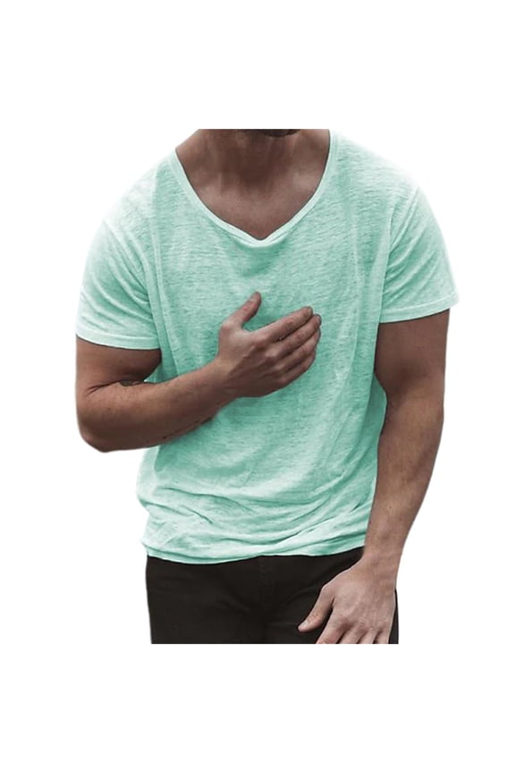 V Neck T Shirts Men Colors Big & Tall Solid Color Quarter Sleeve Gym & Tennis Apparel Loose Fit Summer Casual Vacation Basic Tops,Green,S