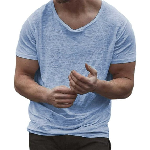 V Neck T Shirts Men Cotton Quick Dry Boat Neck 1/4 Short Sleeve Button Shirt Summer Beach Tops Slim Fit Summer Casual Vacation Basic Shirts,Blue,L